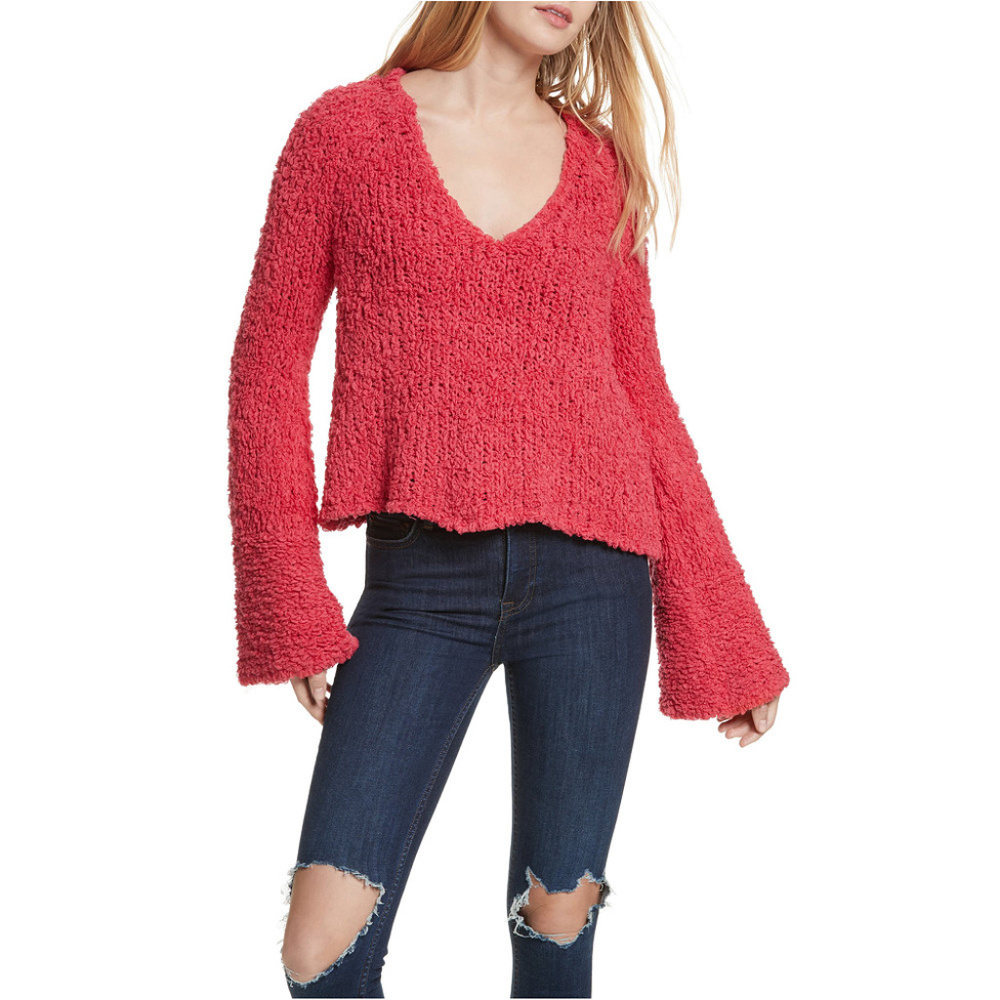 FREE PEOPLE Pink Sand Dune Bell Sleeve Sweater L - Picture 1 of 8